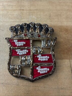 Handmade Vintage Beaded Embroidered Crown Brooch!